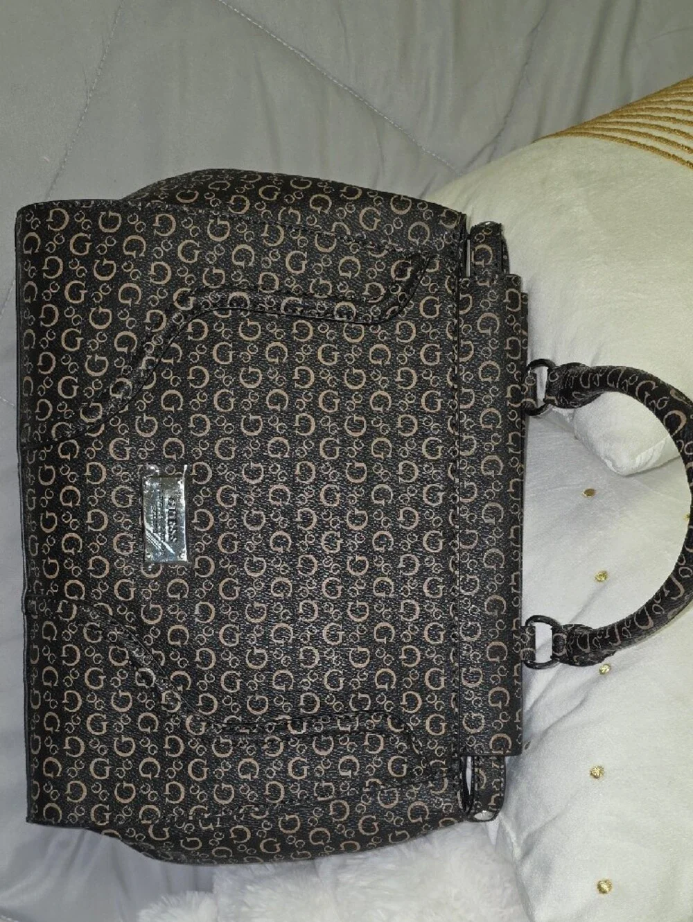 GUESS Brown Logo Print Structured Top-Handle Satchel